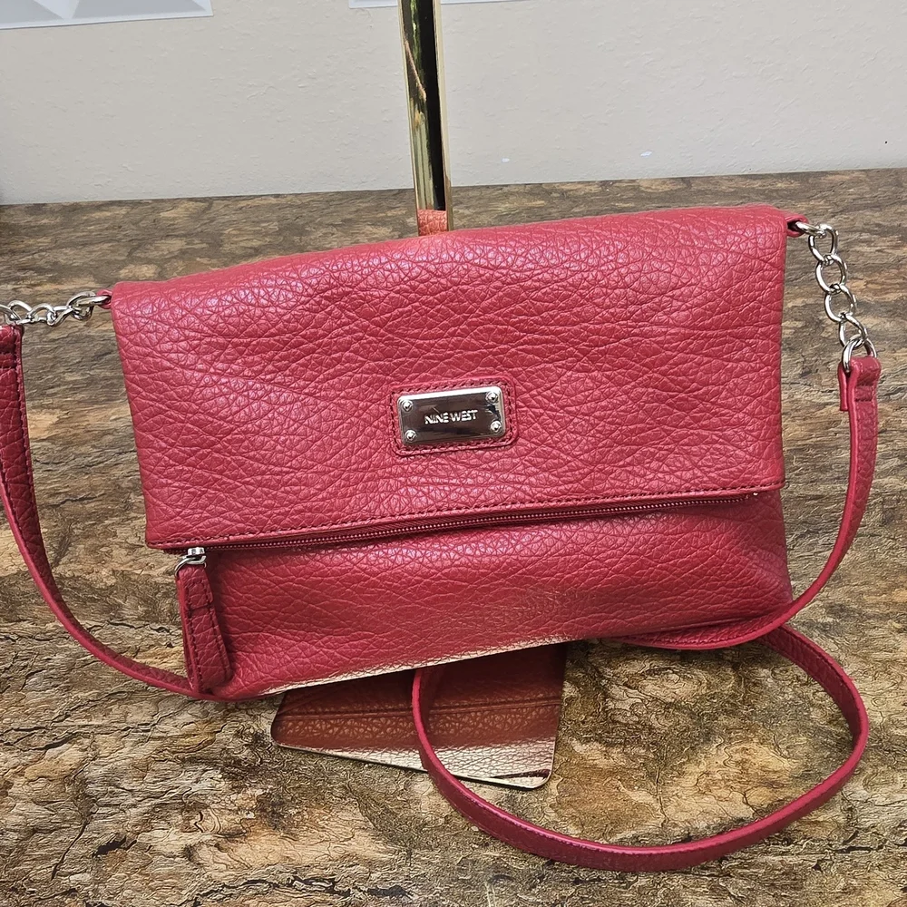 Nine West Red Pebbled Leather Crossbody Bag Foldover Clutch Convertible Purse